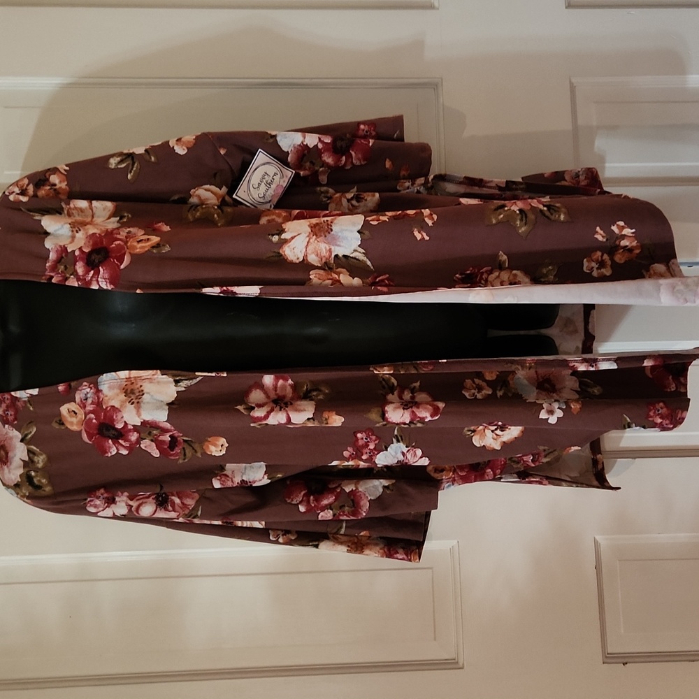 Floral Open Front Kimono Cardigan - Womens Size: Medium - Plum Color